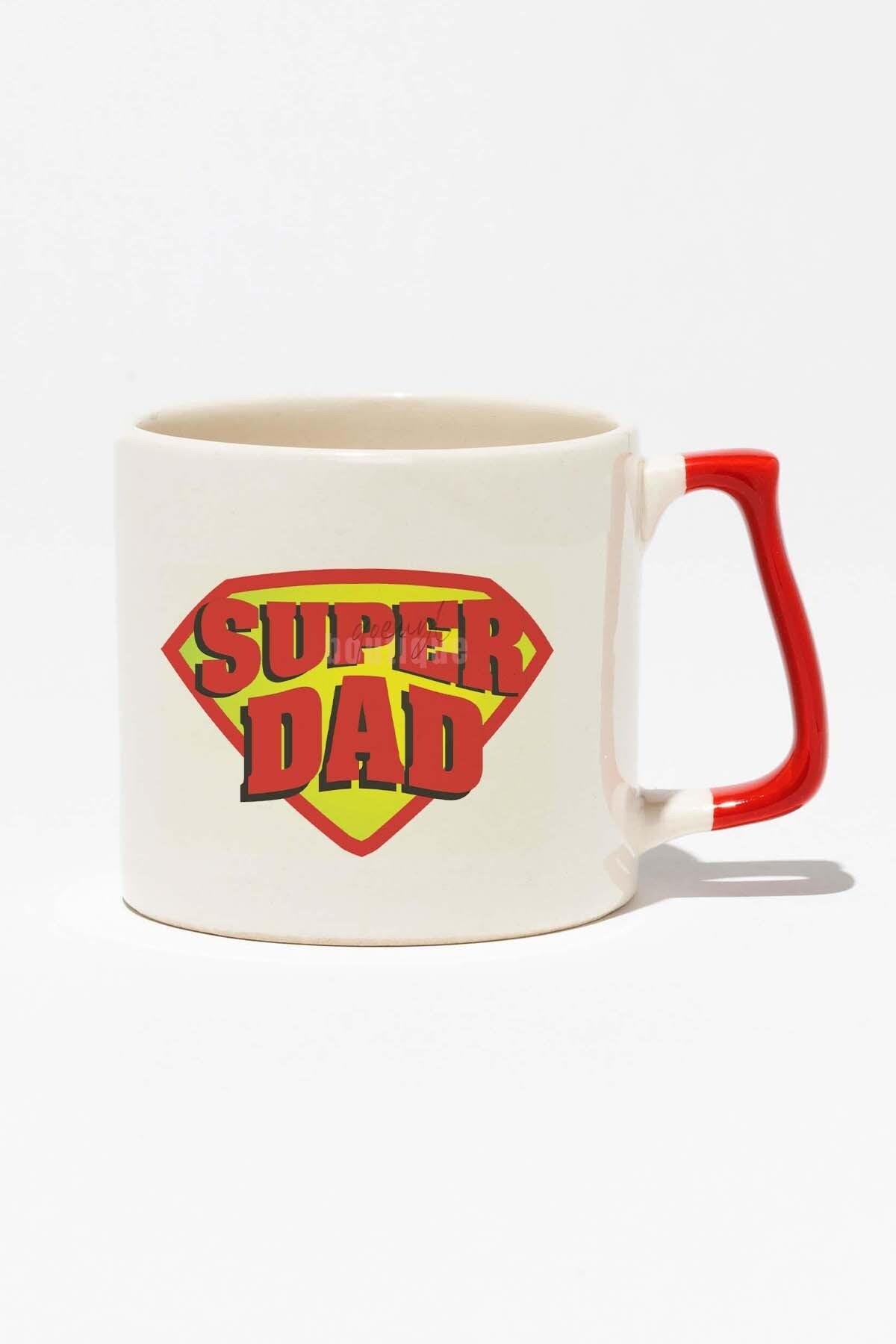 Super Dad Babalar Günü Baskılı Kırmızı Kulplu Modern Seramik Kupa