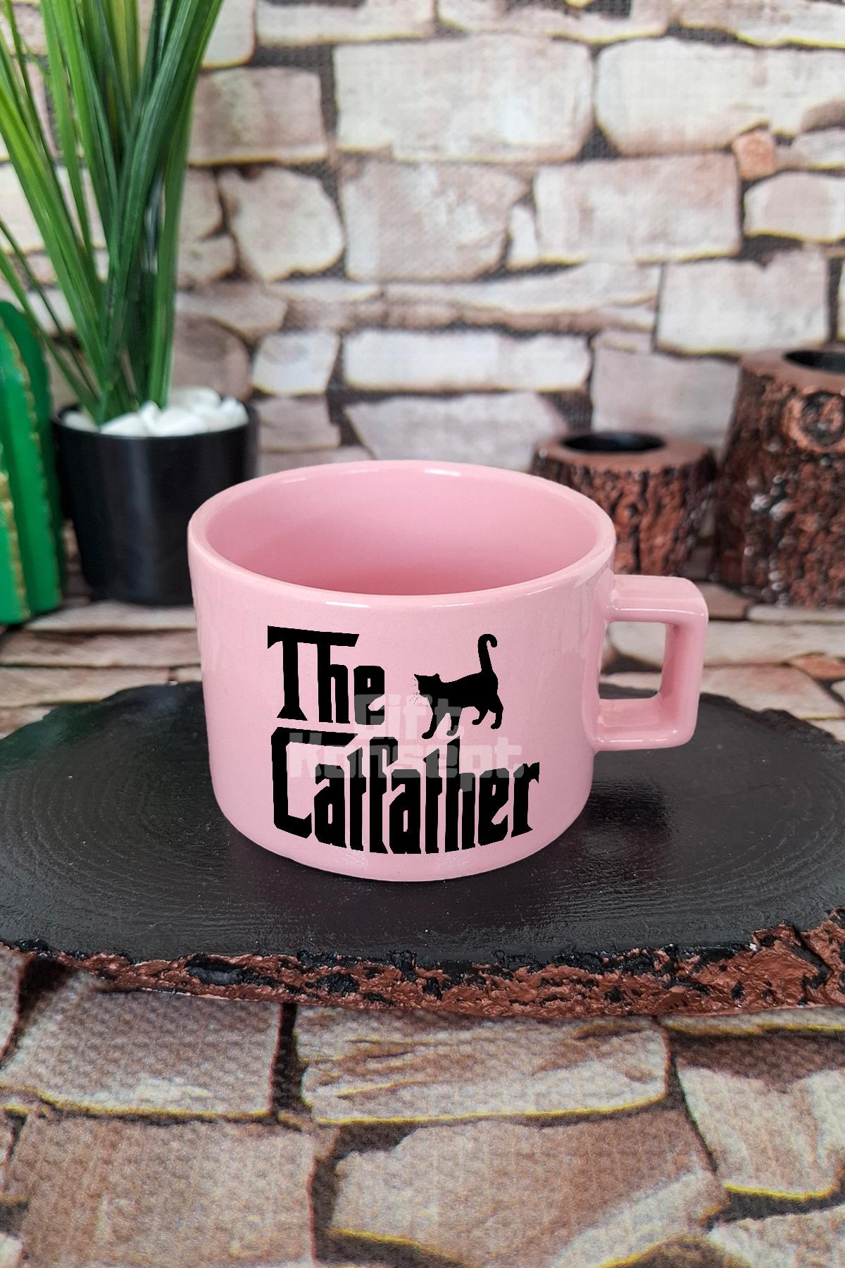 The Catfather Baskılı Komik Kedi Babası Godfather Teması Kare Kulplu Fincan Mavi Kupa Bardak