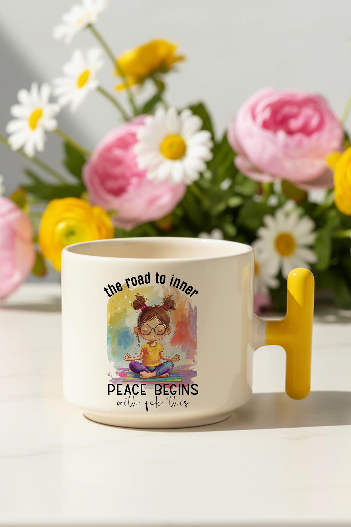 The Road To Inner Peace Begins Baskılı Hediyelik T Kulplu Latte Fincanı Kupa Bardak