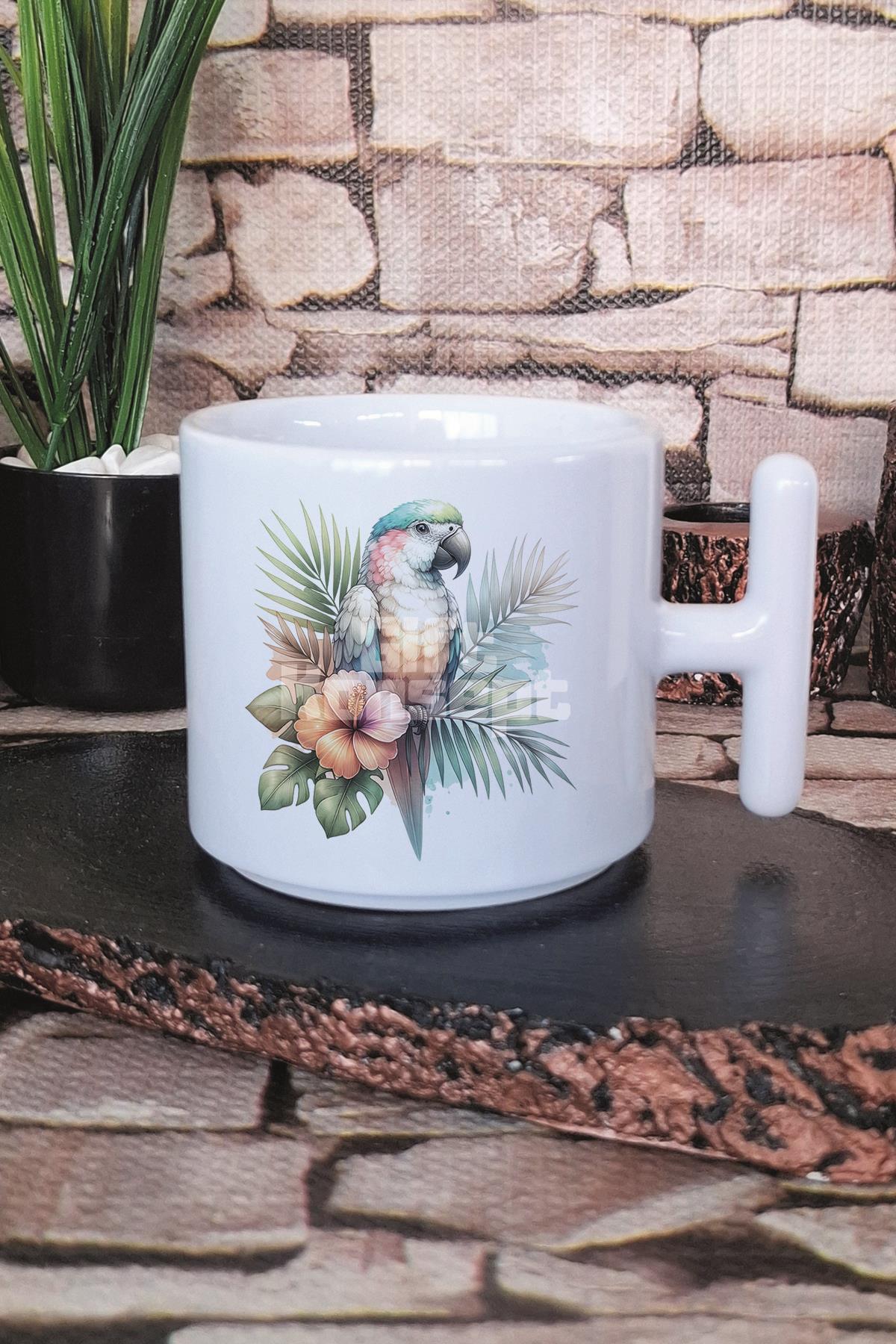 Tropikal Papağan Baskılı T Kulplu Latte Fincanı Kupa Bardak