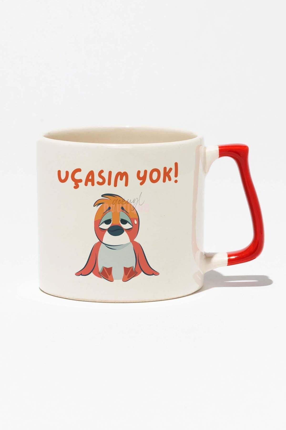 Uçasım Yok-Kuş Eğlenceli Komik Hediyelik Beyaz Baskılı Kırmızı Kulplu Modern Seramik Kupa