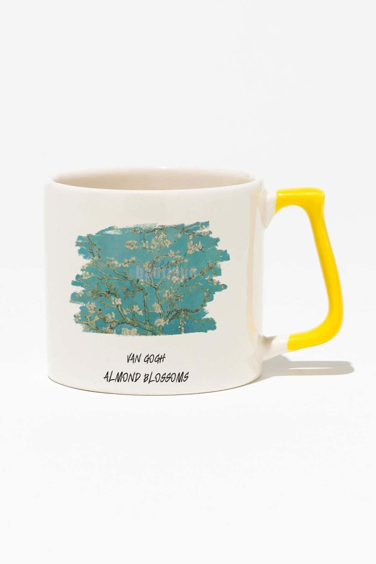 Van Gogh Temalı Almond Blossoms Baskılı Sarı Kulplu Modern Seramik Kupa