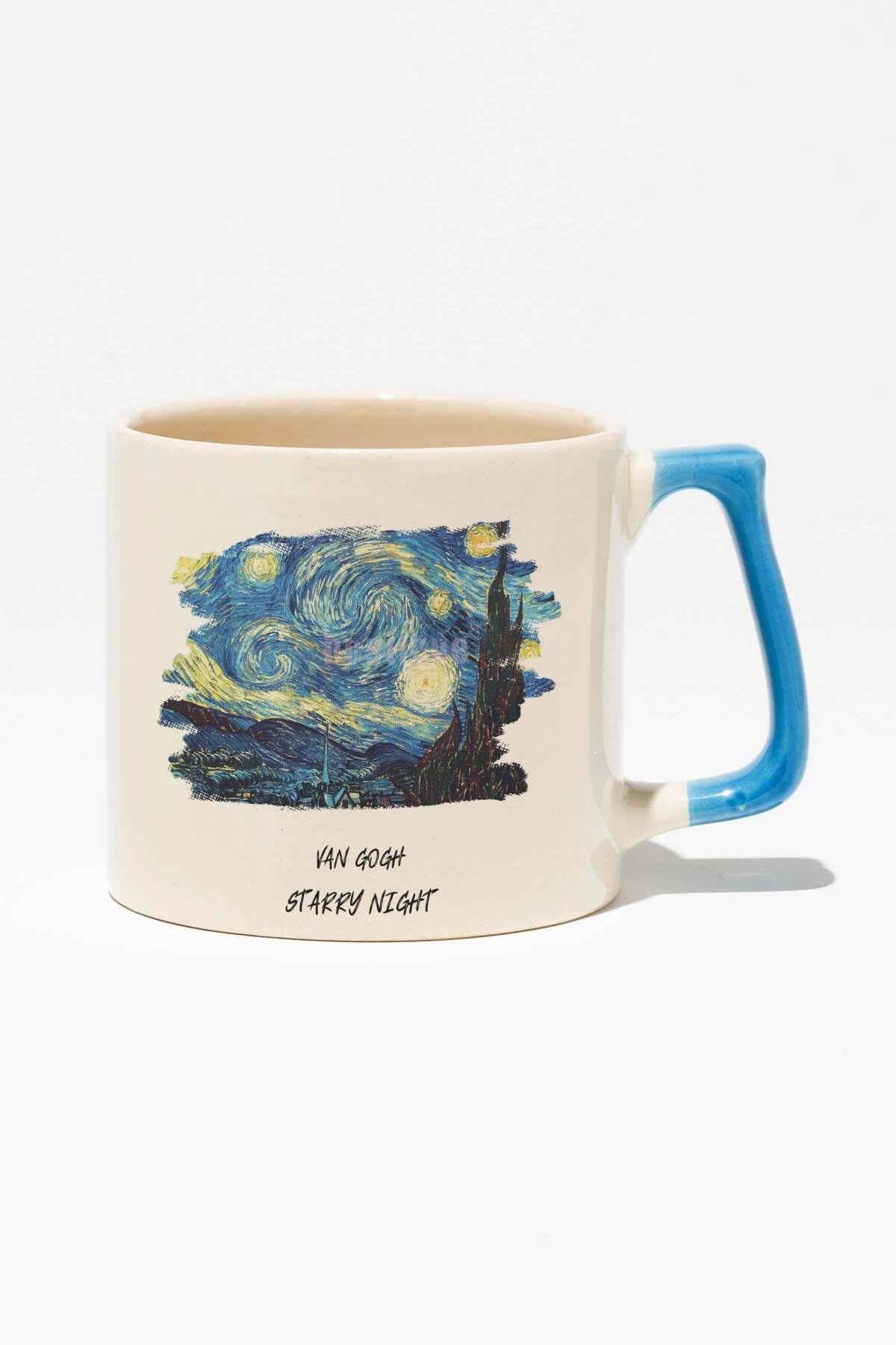 Van Gogh Temalı Starry Night Baskılı Mavi Kulplu Modern Seramik Kupa