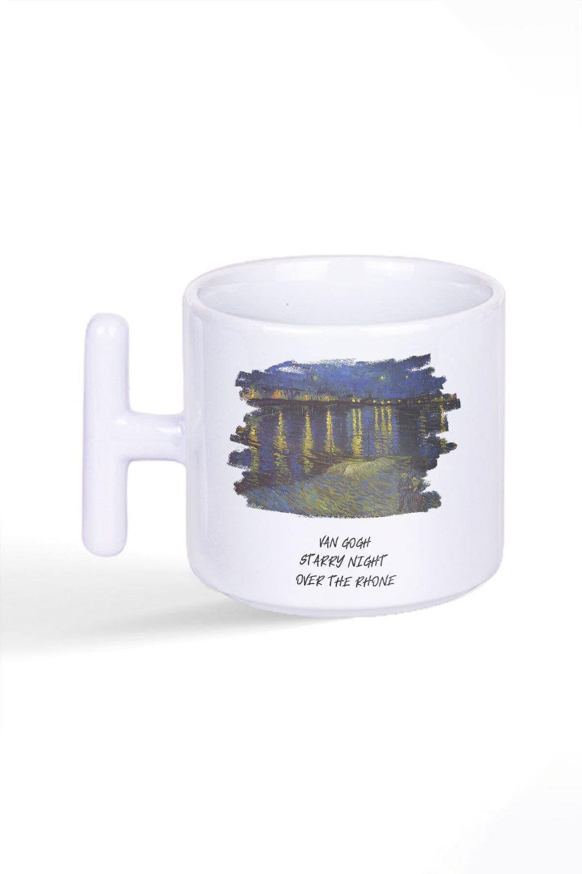 Van Gogh Temalı Starry Night Over The Rhone Baskılı Latte Fincanı T Kulplu Kupa Bardak