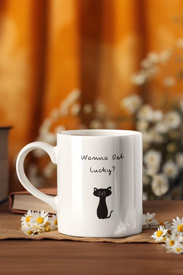 Wanne Get Lucky Şans Kedisi Baskılı Eğlenceli Beyaz Kupa Bardak