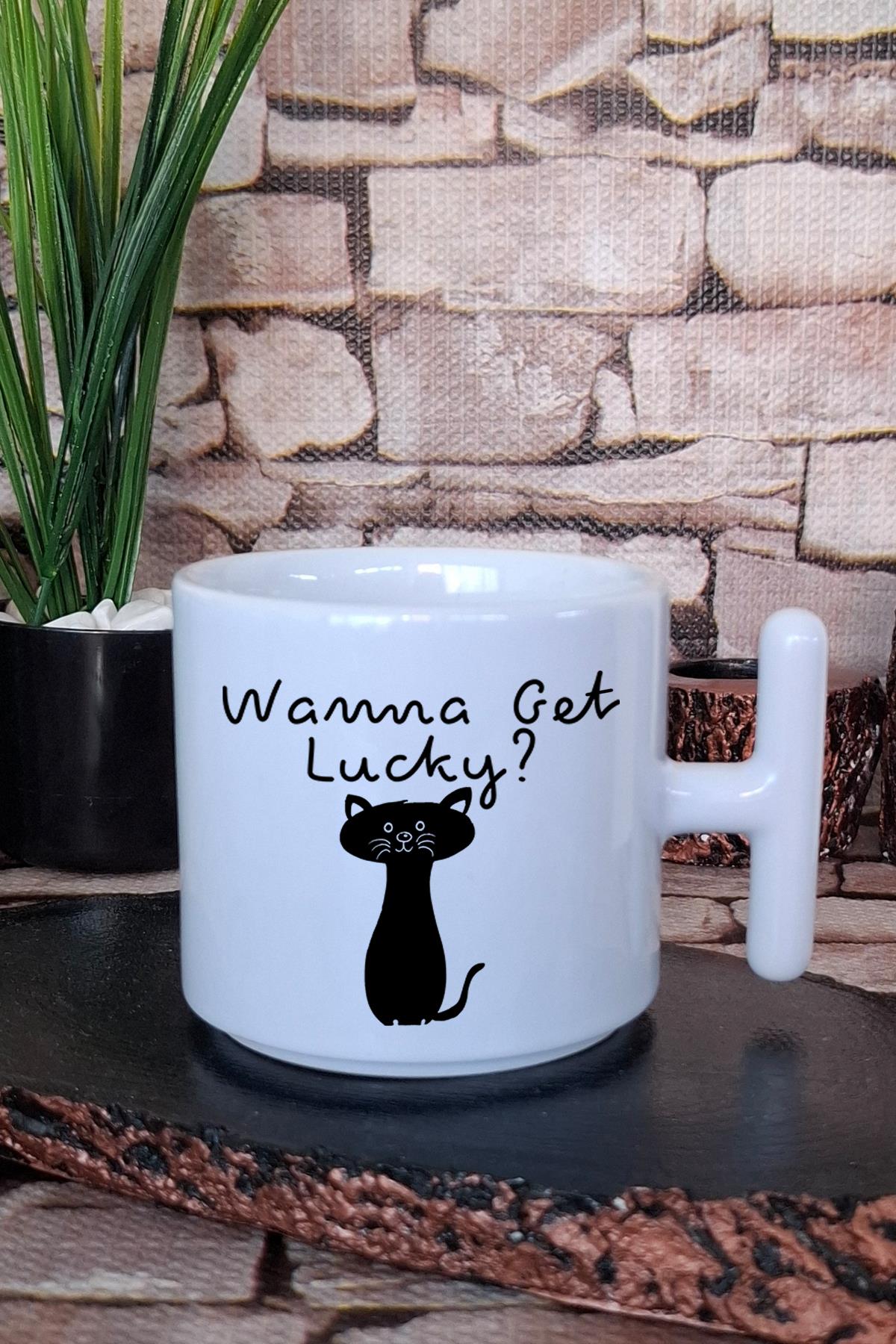 Wanne Get Lucky Şans Kedisi Baskılı Eğlenceli T Kulplu Latte Fincanı Kupa Bardak
