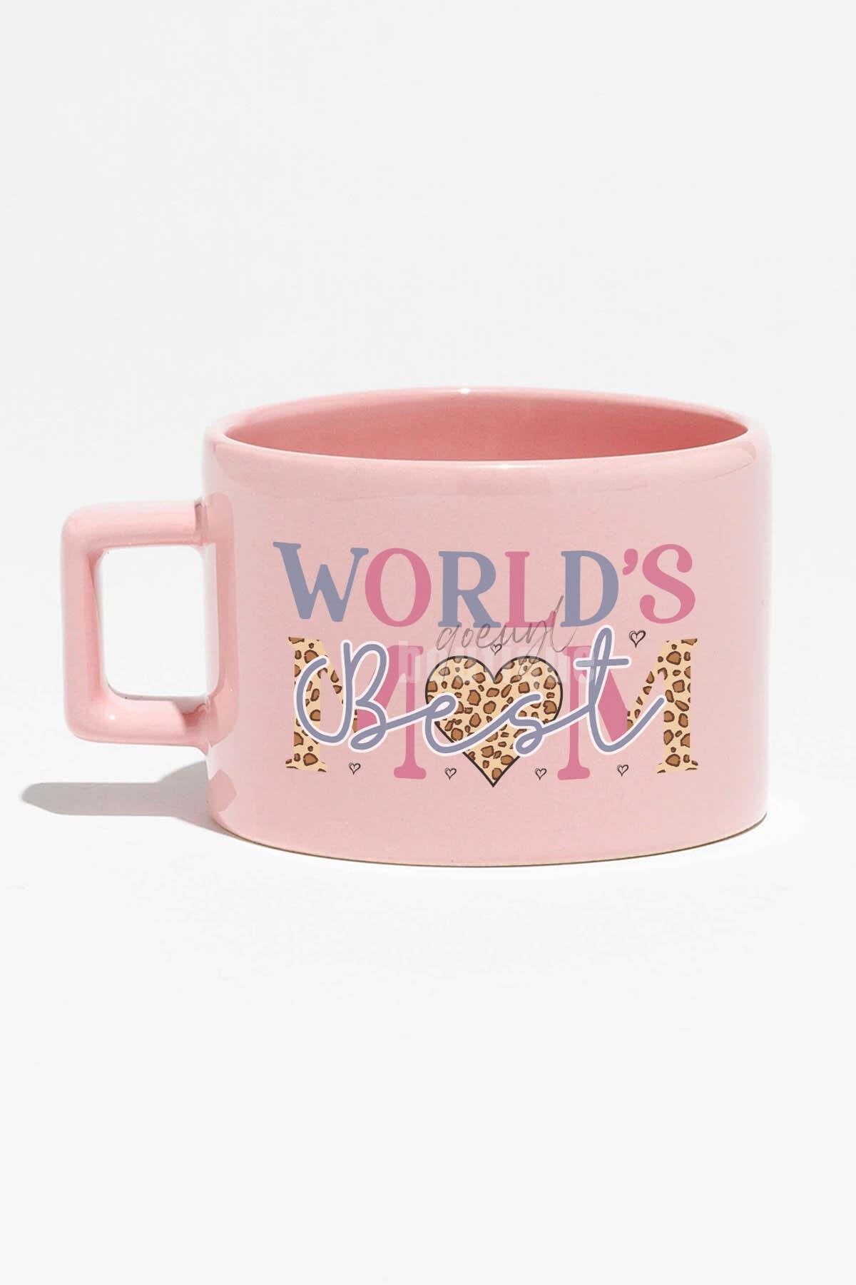 World's Best Mom Baskılı Anneler Günü Hediyelik Mavi Dikdörtgen Kulplu Fincan Kupa Bardak