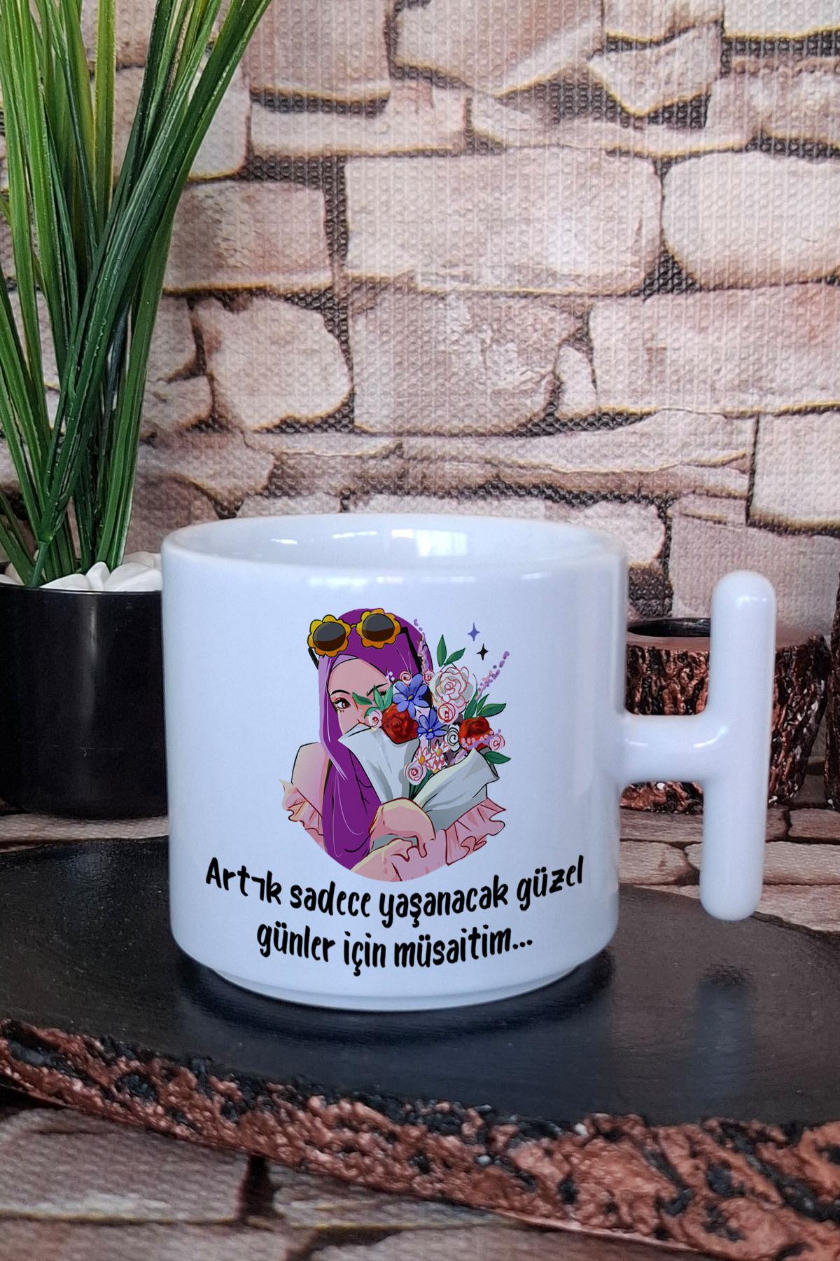 Yaşanacak Güzel Günler için Müsaitim-Tesettürlü Kız Baskılı T Kulplu Latte Fincanı Kupa Bardak