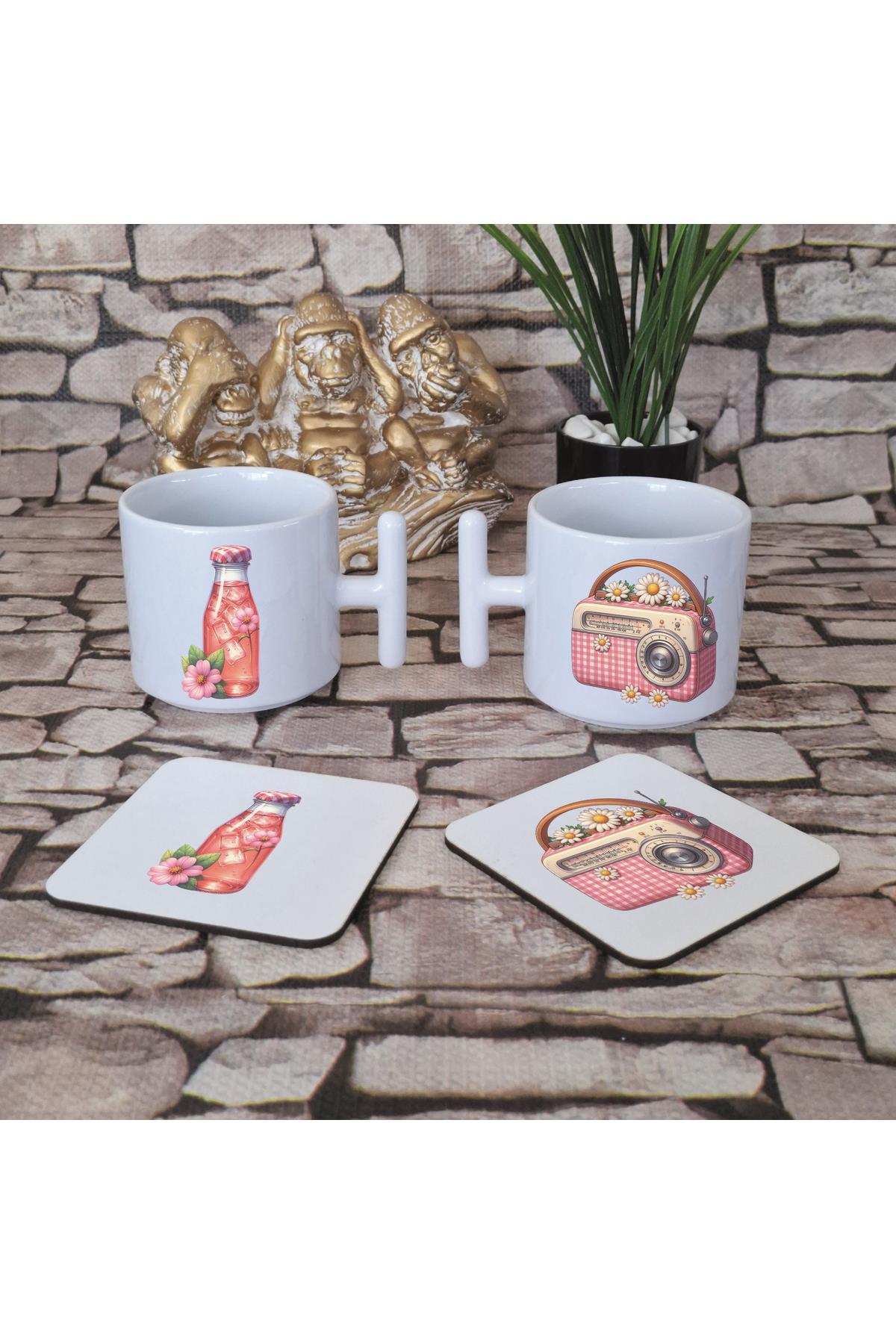 Yaz Temalı Bohem Radyo Baskılı 4'lü Set Ahşap Bardak Altlığı ve Latte Fincanı T Kulplu Kupa Bardak
