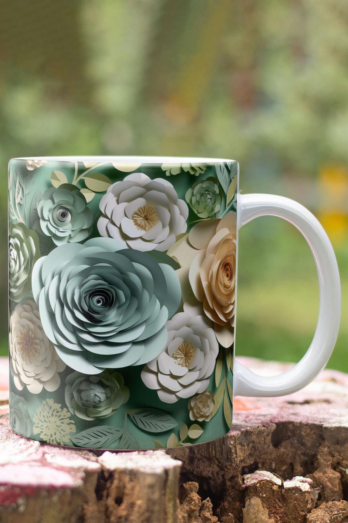 Yeşil Çiçekler 3D Tasarım Görünümlü Baskılı Kupa Bardak Mug