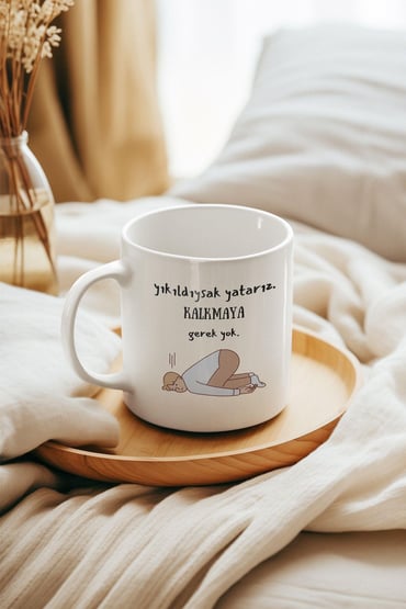 Yıkıldıysak Yatarız. Kalkmaya Gerek Yok Baskılı Eğlenceli Beyaz Kupa Bardak