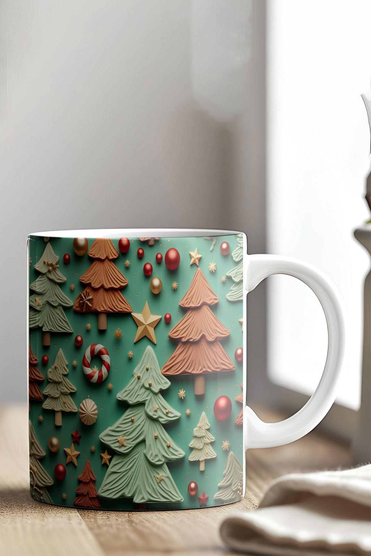 Yılbaşı Çam Ağacı Temalı 3D Tasarım Görünümlü Baskılı Kupa Bardak Mug