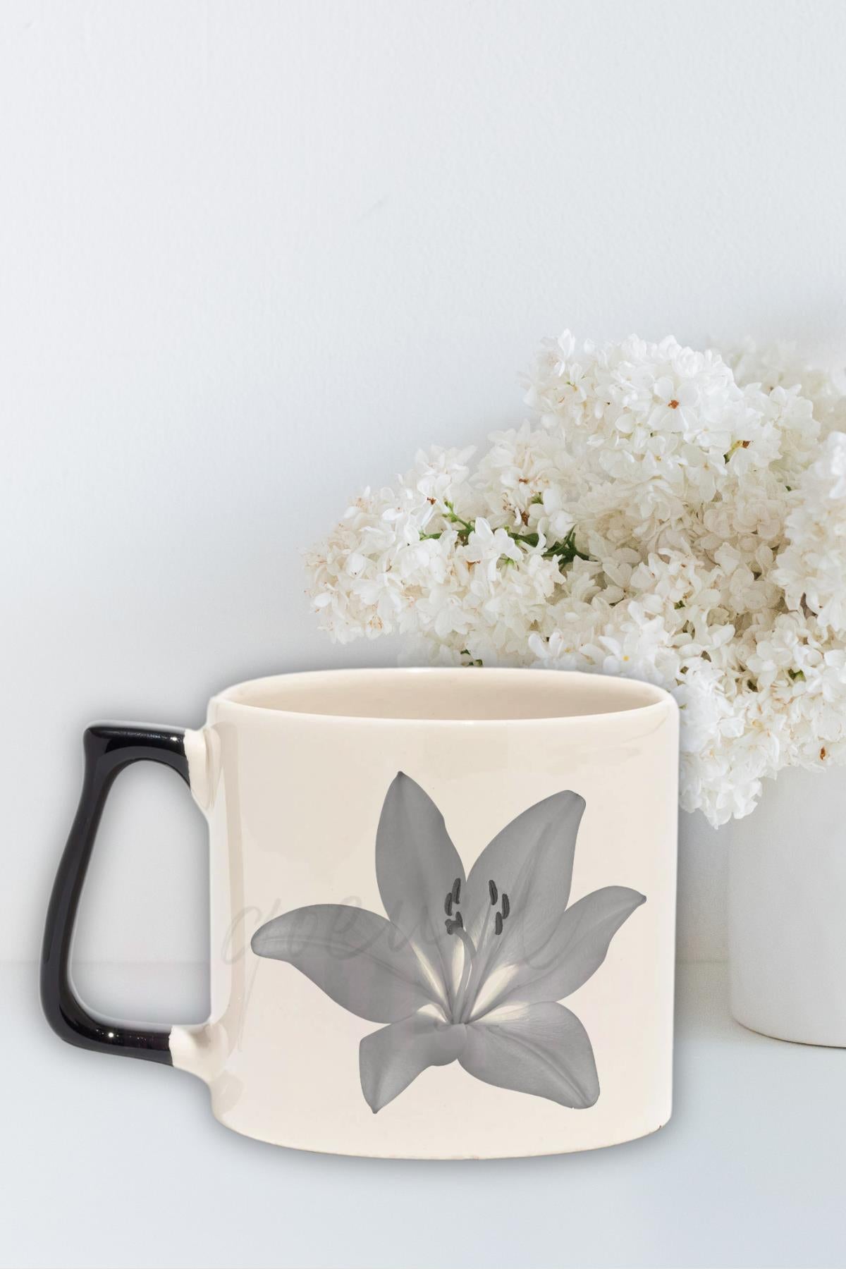 Zambak Çiçek Baskılı Hediyelik Renkli Kulplu Modern Seramik Kupa