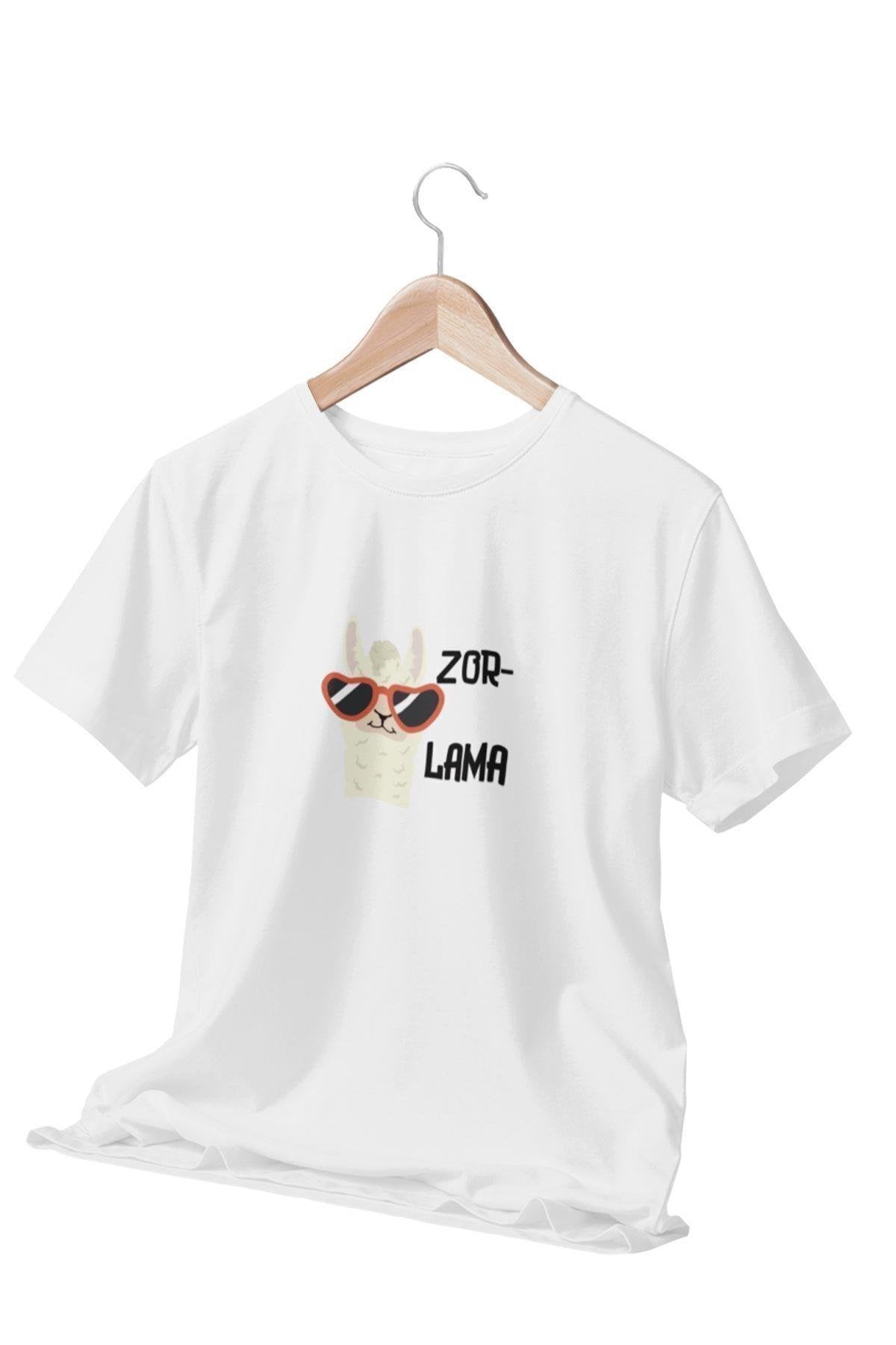 Zorlama-Lama Baskılı Eğlenceli Komik Hediyelik Beyaz Unisex T-Shirt