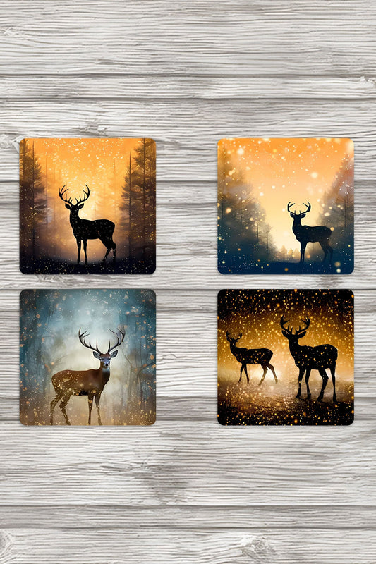 Doğa Temalı Geyik Baskılı 4'lü Set Dekoratif Ahşap Kare Bardak Altlığı