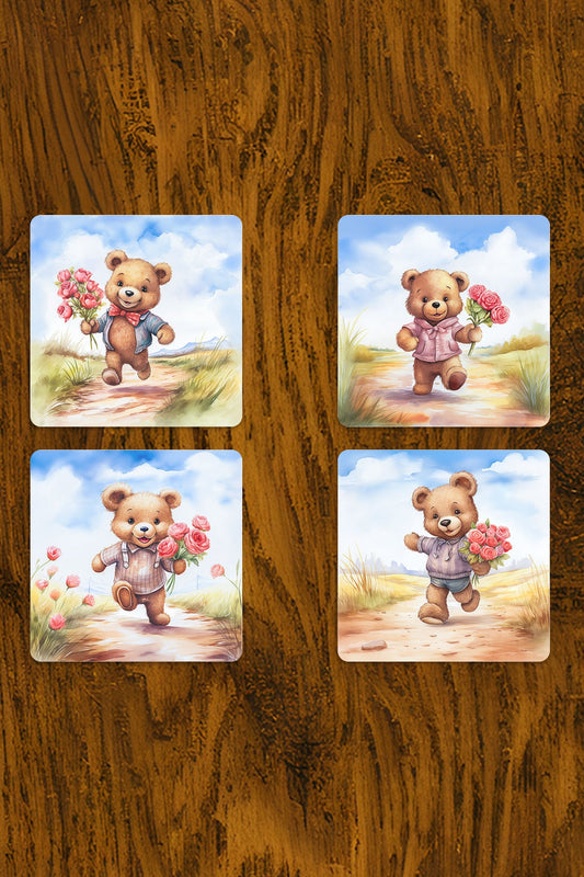 Sevimli Ayıcıklar Baskılı 4'lü Set Dekoratif Ahşap Kare Bardak Altlığı