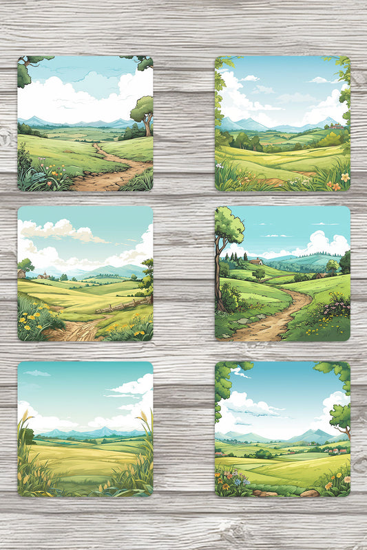 Doğa Temalı Çiftlik No:1 Baskılı 6'lı Set Dekoratif Ahşap Kare Bardak Altlığı