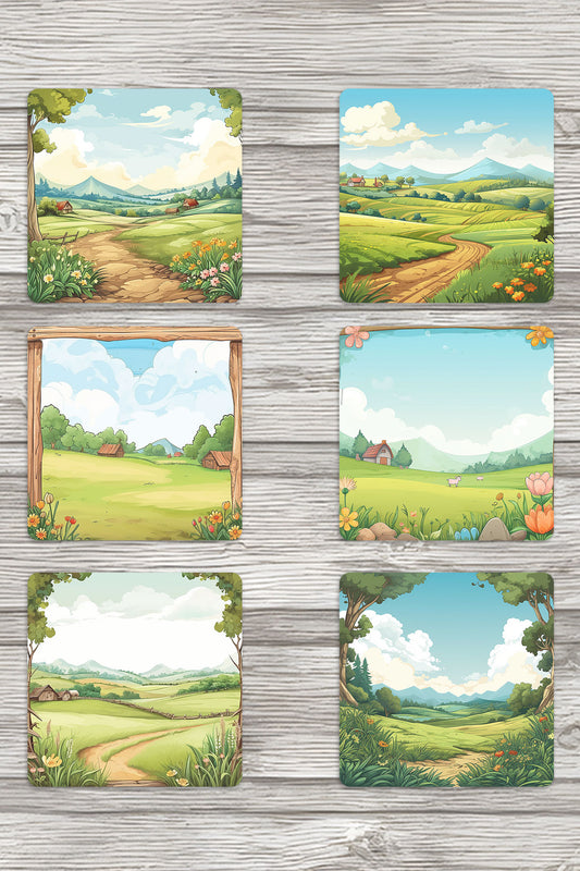 Doğa Temalı Çiftlik No:2 Baskılı 6'lı Set Dekoratif Ahşap Kare Bardak Altlığı