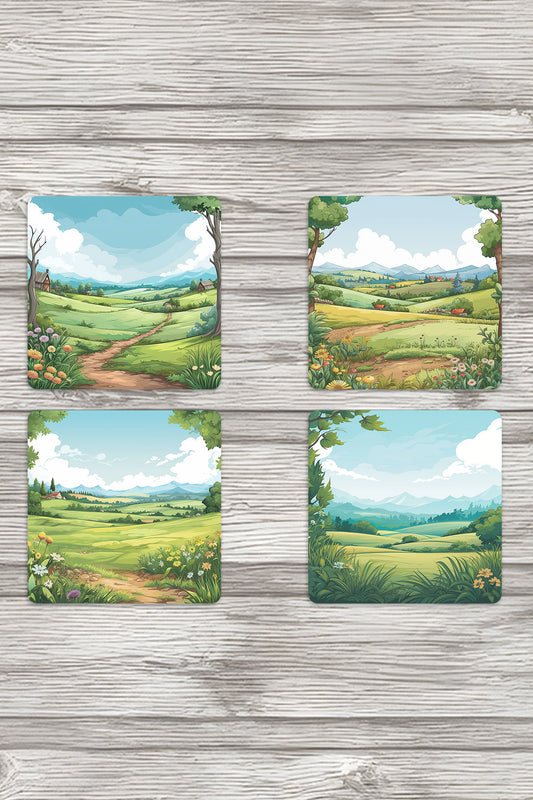 Doğa Temalı Çiftlik No:3 Baskılı 4'lü Set Dekoratif Ahşap Kare Bardak Altlığı