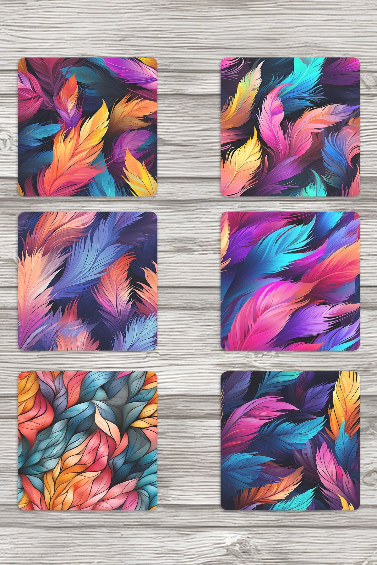 Renkli Tüyler No:1 Baskılı 6'lı Set Dekoratif Ahşap Kare Bardak Altlığı