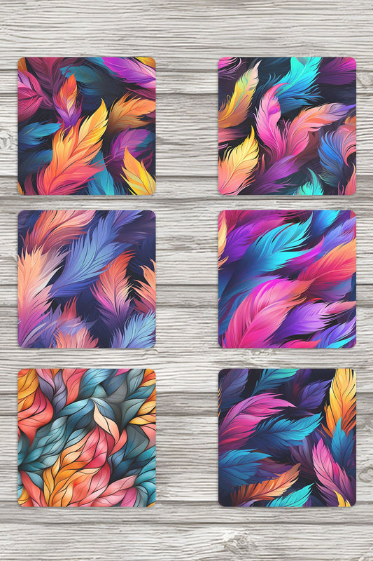 Renkli Tüyler No:1 Baskılı 6'lı Set Dekoratif Ahşap Kare Bardak Altlığı