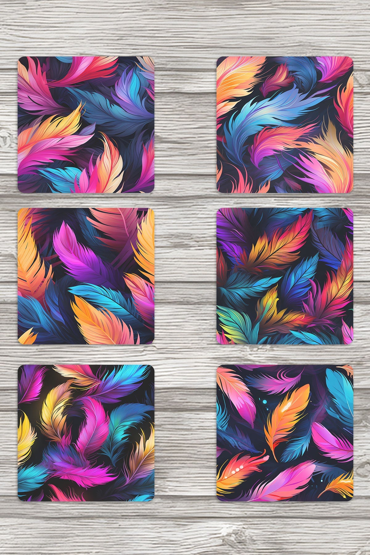 Renkli Tüyler No:2 Baskılı 6'lı Set Dekoratif Ahşap Kare Bardak Altlığı