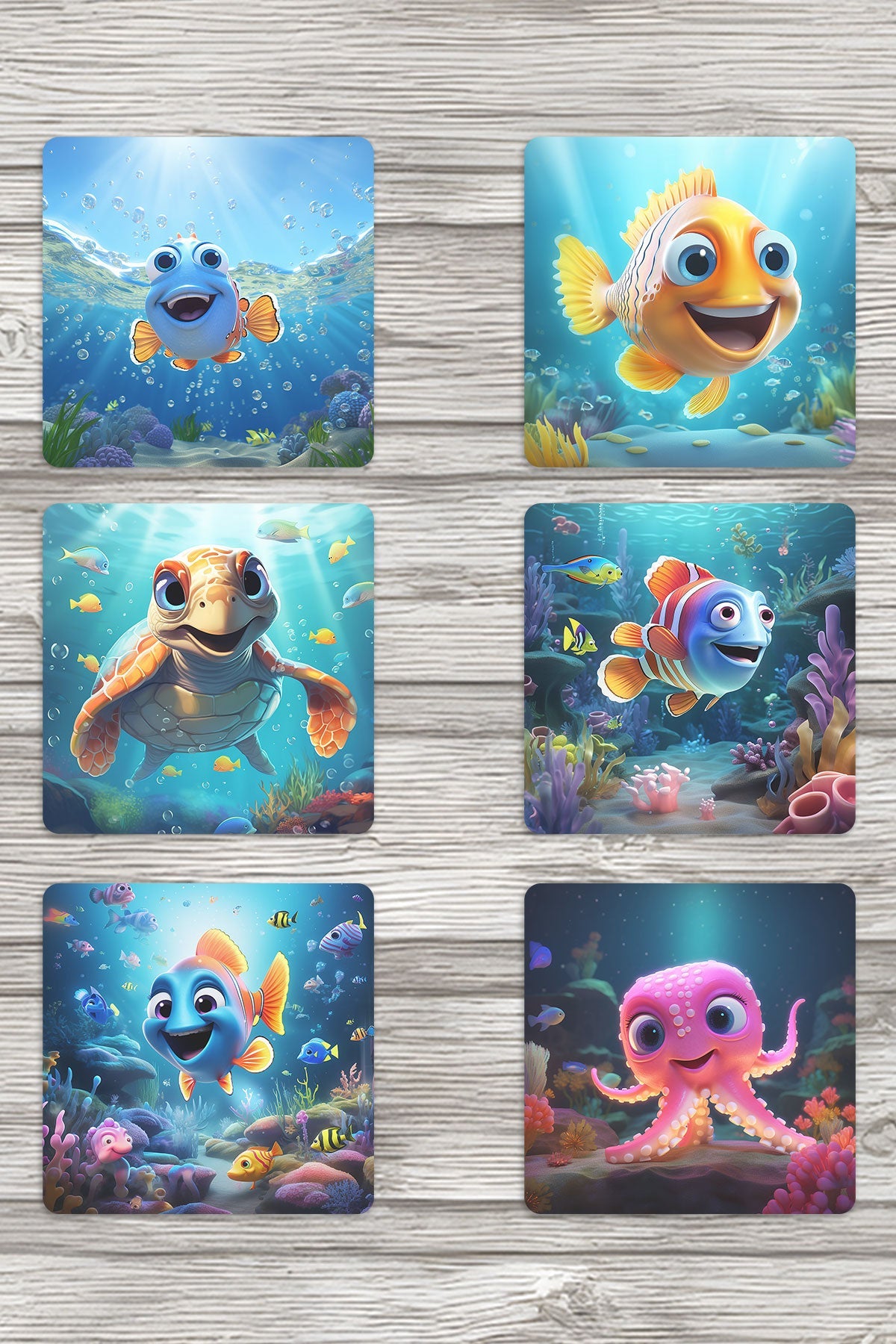 Sevimli Okyanus Balıkları No:1 Baskılı 6'lı Set Dekoratif Ahşap Kare Bardak Altlığı