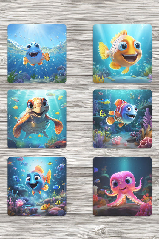 Sevimli Okyanus Balıkları No:1 Baskılı 6'lı Set Dekoratif Ahşap Kare Bardak Altlığı