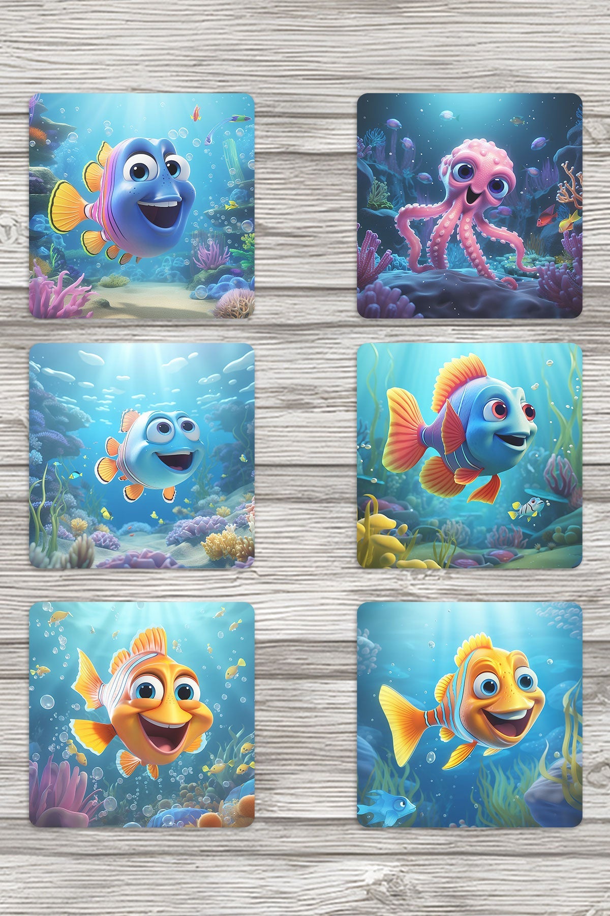 Sevimli Okyanus Balıkları No:2 Baskılı 6'lı Set Dekoratif Ahşap Kare Bardak Altlığı