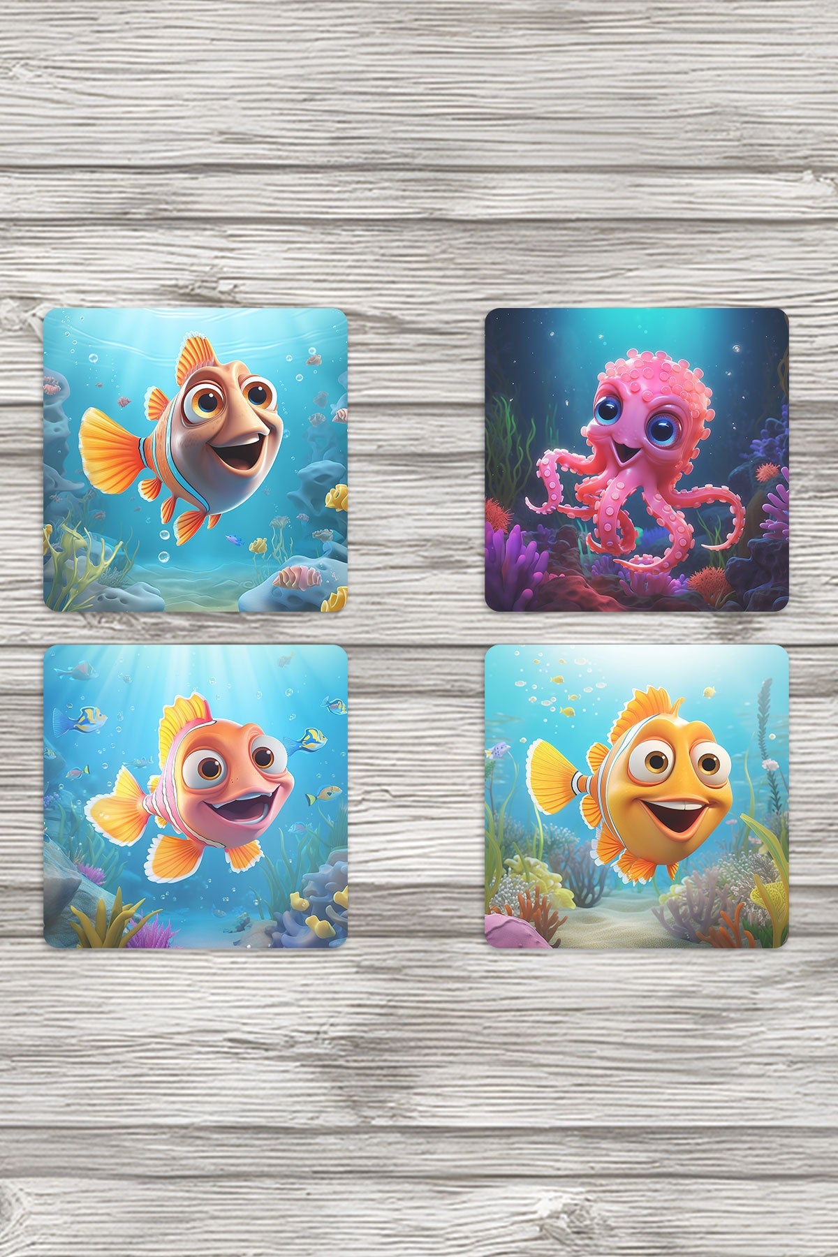 Sevimli Okyanus Balıkları No:3 Baskılı 4'lü Set Dekoratif Ahşap Kare Bardak Altlığı