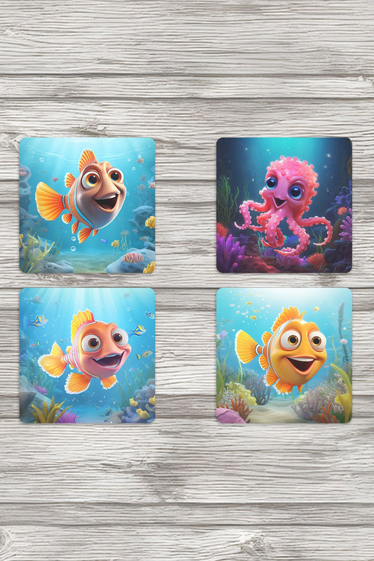 Sevimli Okyanus Balıkları No:3 Baskılı 4'lü Set Dekoratif Ahşap Kare Bardak Altlığı