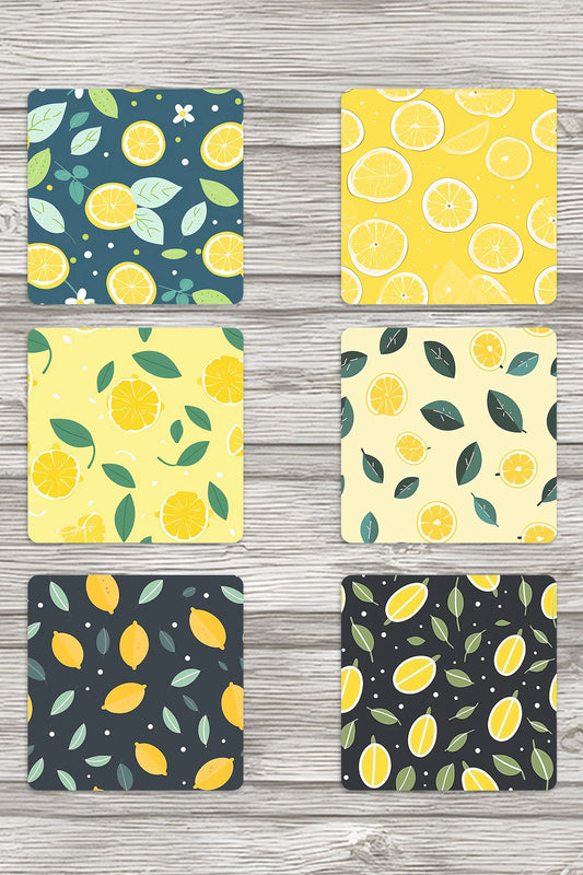 Limon Desenli No:1 Baskılı 6'lı Set Dekoratif Ahşap Kare Bardak Altlığı