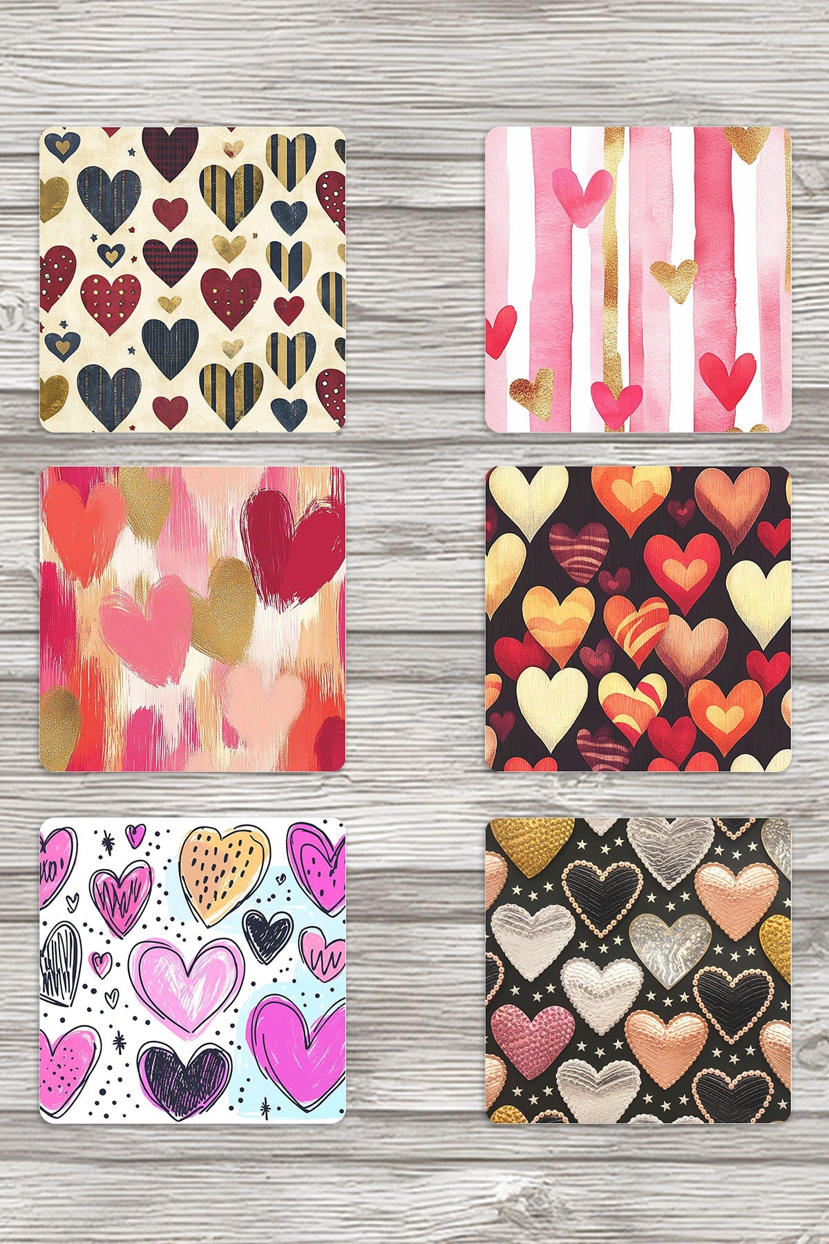 Retro Kalp Baskılı 6'lı Set Dekoratif Ahşap Kare Bardak Altlığı