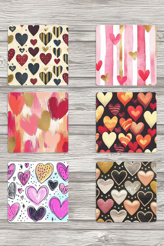 Retro Kalp Baskılı 6'lı Set Dekoratif Ahşap Kare Bardak Altlığı