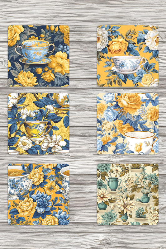 Retro Çiçekler No:1 Baskılı 6'lı Set Dekoratif Ahşap Kare Bardak Altlığı