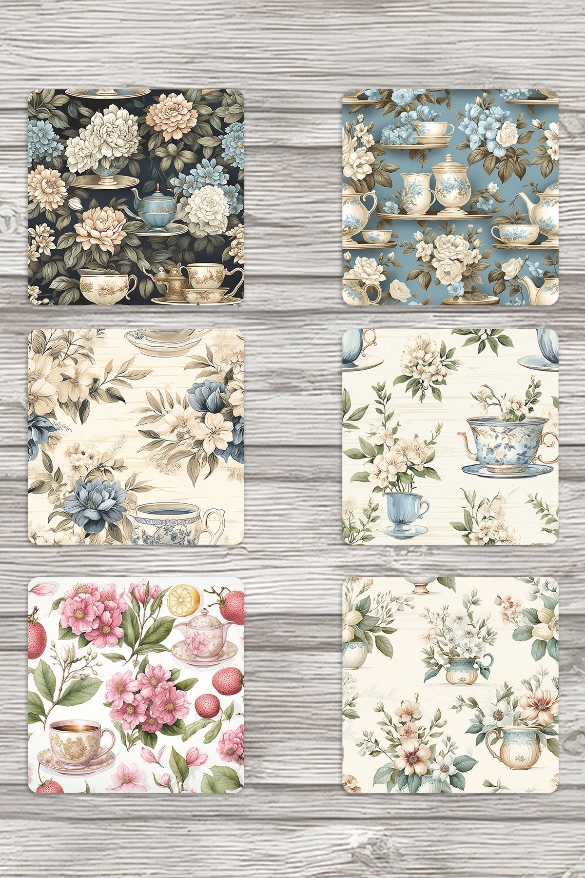 Retro Çiçekler No:2 Baskılı 6'lı Set Dekoratif Ahşap Kare Bardak Altlığı