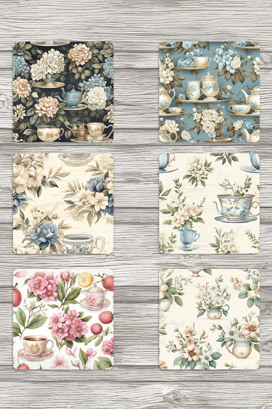 Retro Çiçekler No:2 Baskılı 6'lı Set Dekoratif Ahşap Kare Bardak Altlığı