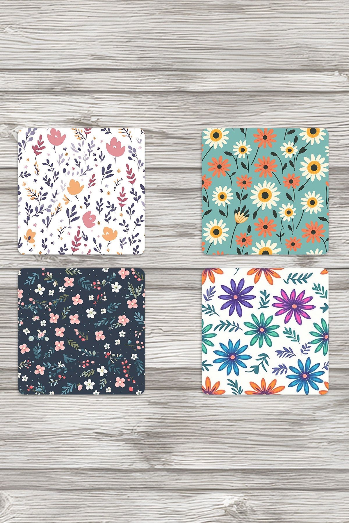 Çiçek Desenleri No:2 Baskılı 4'lü Set Dekoratif Ahşap Kare Bardak Altlığı