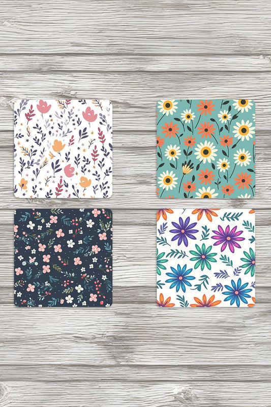 Çiçek Desenleri No:2 Baskılı 4'lü Set Dekoratif Ahşap Kare Bardak Altlığı