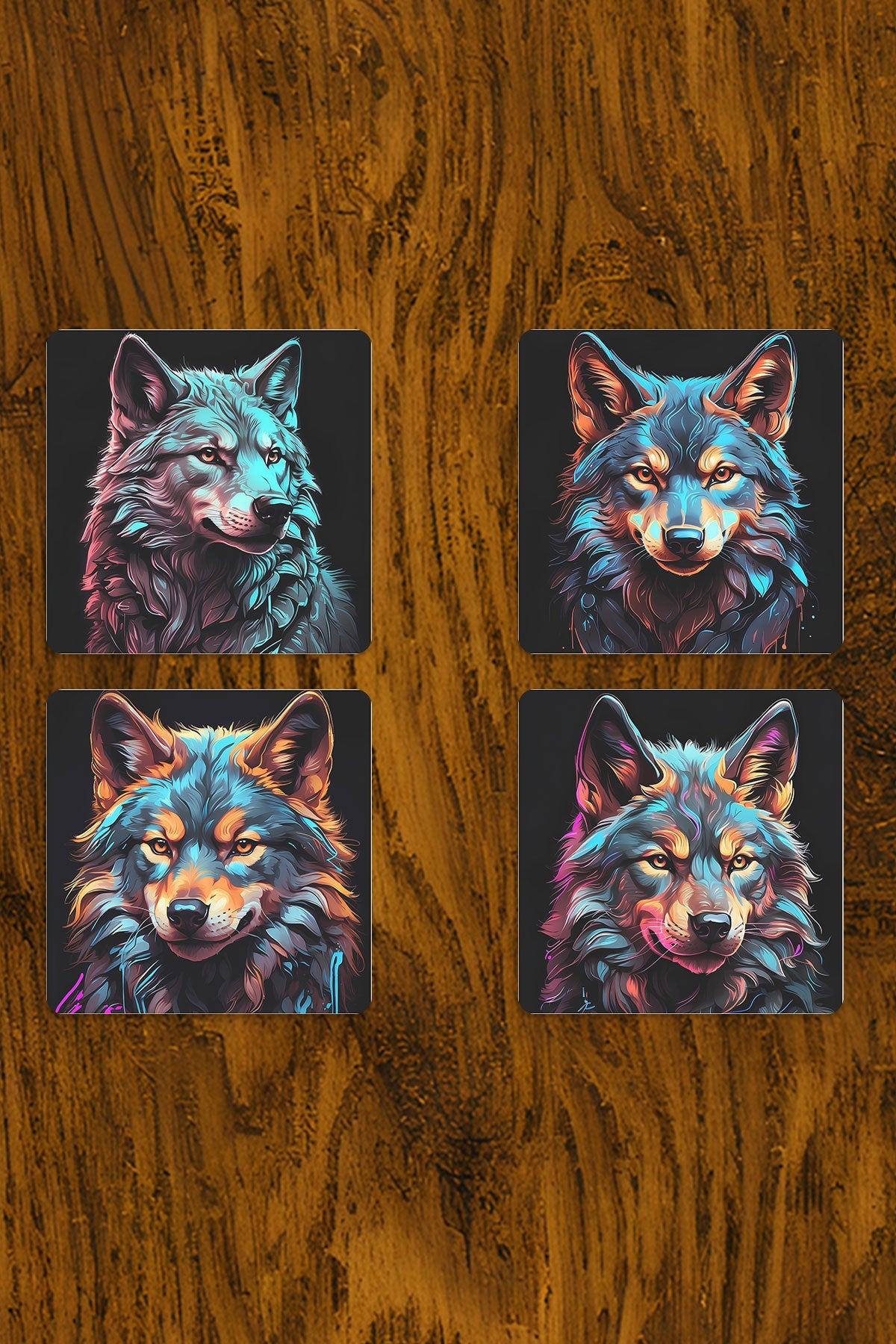 Kurt Baskılı 4'lü Set Dekoratif Ahşap Kare Bardak Altlığı