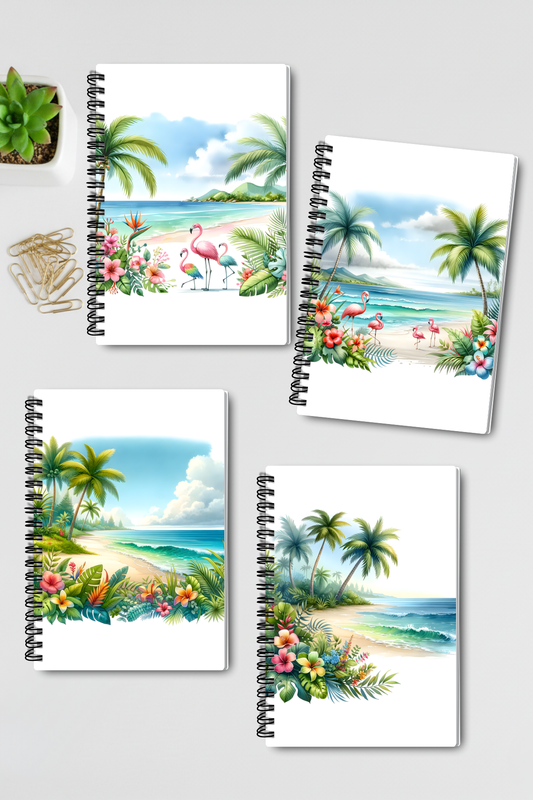 Tropikal Sahil Tasarım Tel Spiralli 4'lü Hatıra Günlük Ajanda Anı Okul Defter Seti