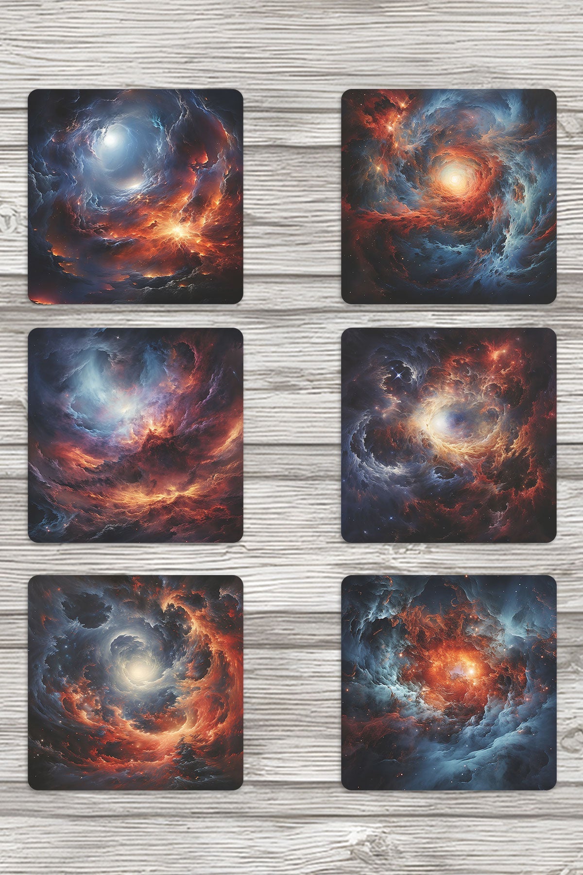 Galaksi Uzay Temalı No:1 Baskılı 6'lı Set Dekoratif Ahşap Kare Bardak Altlığı