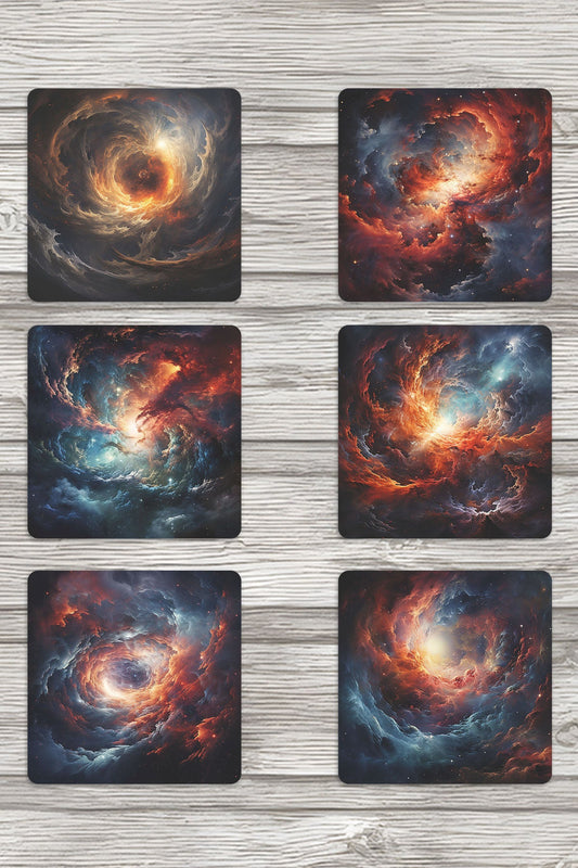 Galaksi Uzay Temalı No:2 Baskılı 6'lı Set Dekoratif Ahşap Kare Bardak Altlığı