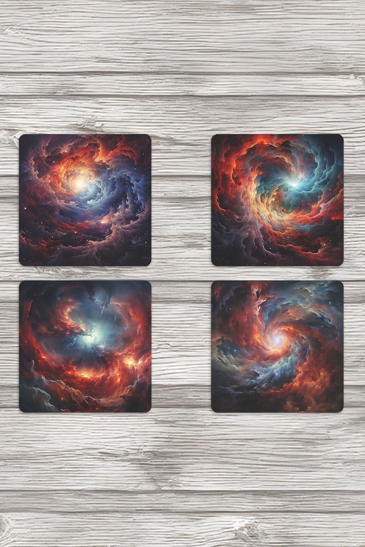 Galaksi Uzay Temalı No:3 Baskılı 4'lü Set Dekoratif Ahşap Kare Bardak Altlığı