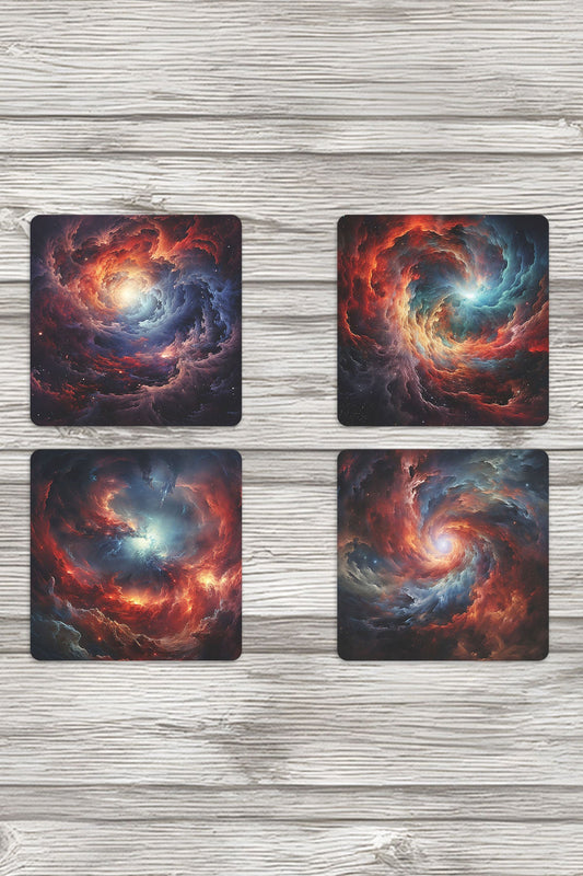 Galaksi Uzay Temalı No:3 Baskılı 4'lü Set Dekoratif Ahşap Kare Bardak Altlığı