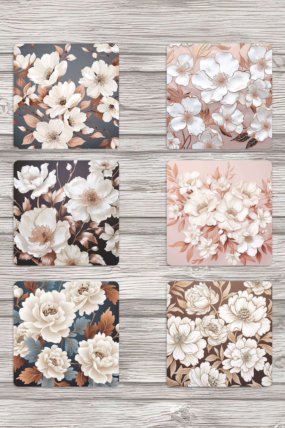 Beyaz Güller No:1 Baskılı 6'lı Set Dekoratif Ahşap Kare Bardak Altlığı