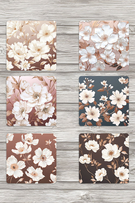 Beyaz Güller No:2 Baskılı 6'lı Set Dekoratif Ahşap Kare Bardak Altlığı