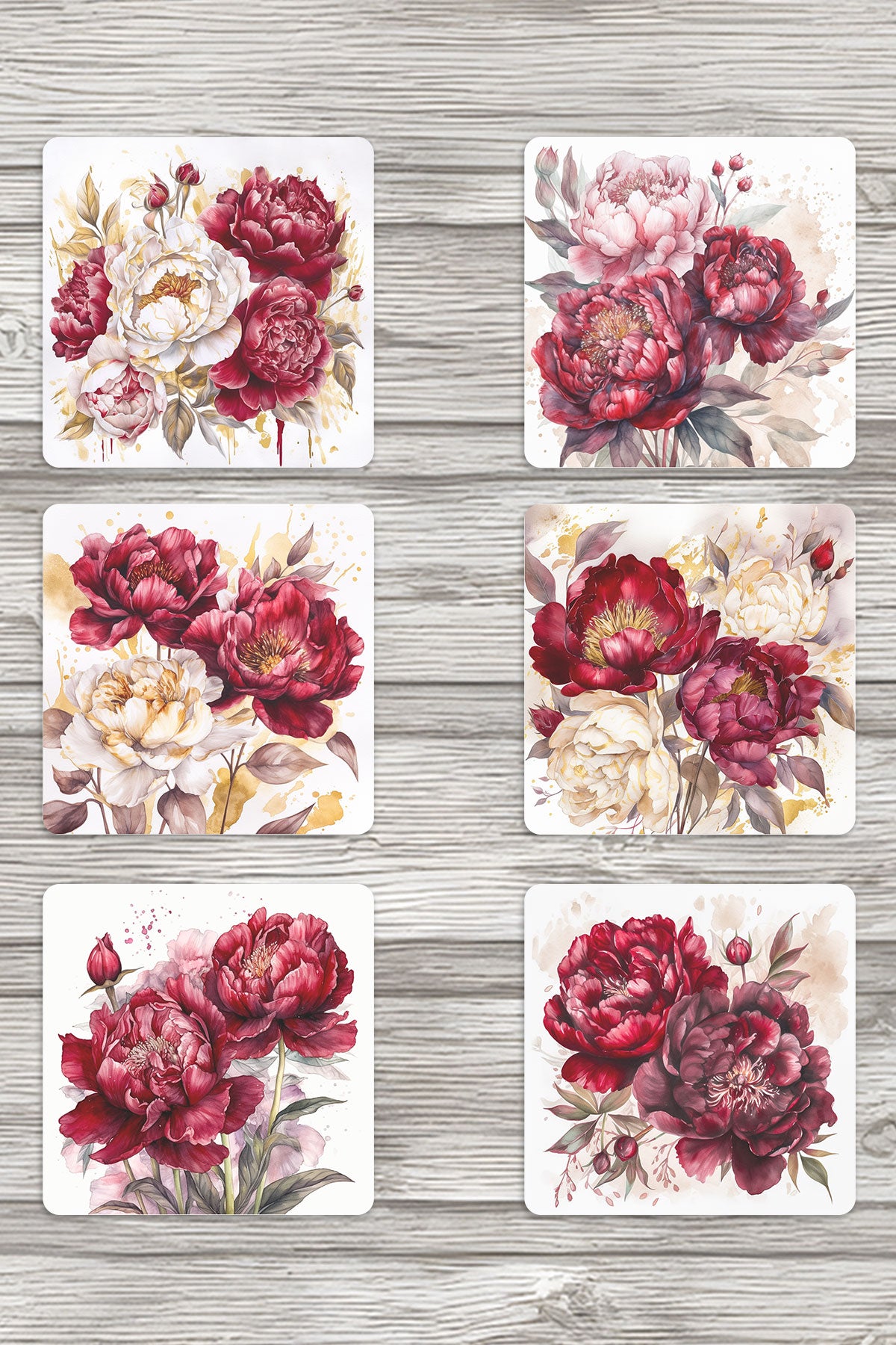 Doğa Temalı Sonbahar Çiçek Baskılı 6'lı Set Dekoratif Ahşap Kare Bardak Altlığı