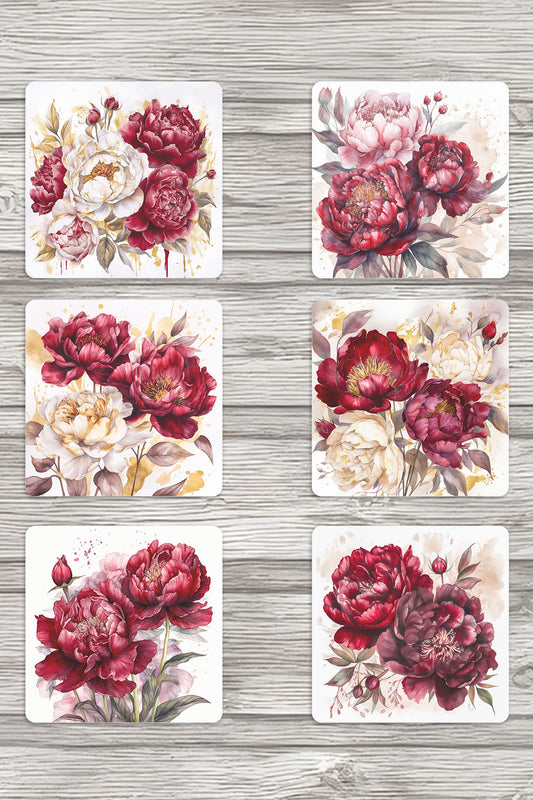 Doğa Temalı Sonbahar Çiçek Baskılı 6'lı Set Dekoratif Ahşap Kare Bardak Altlığı