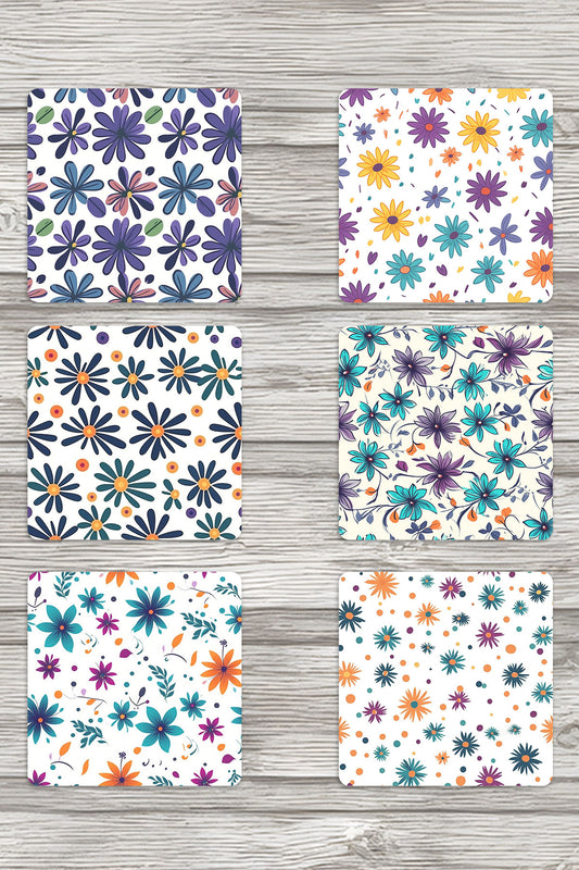 Çiçek Desenleri No:2 Baskılı 6'lı Set Dekoratif Ahşap Kare Bardak Altlığı